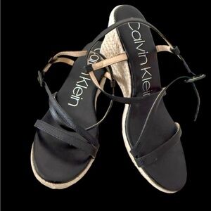Calvin Klein Black and Beige Women's Sandals/Wedges